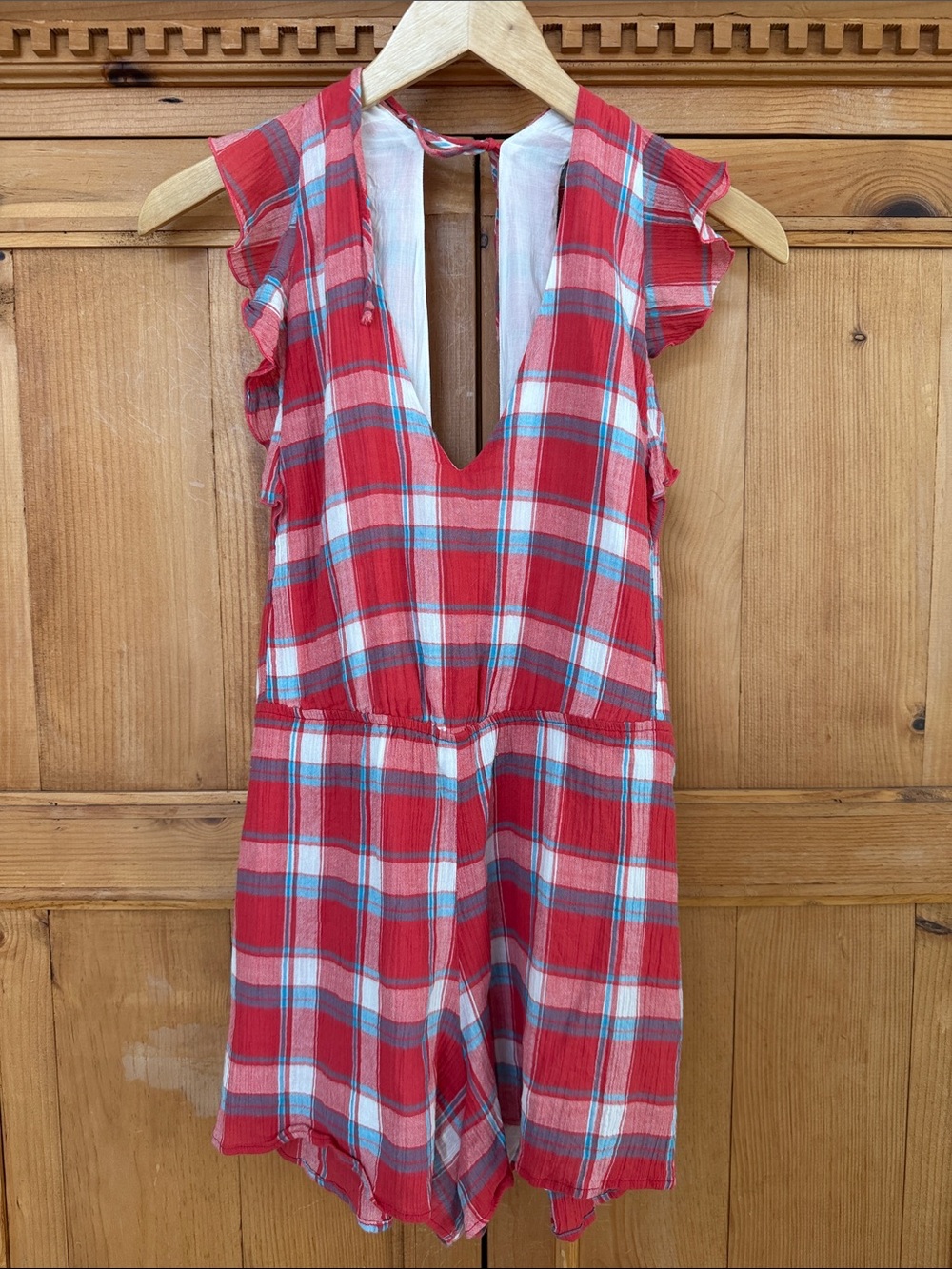 Blue Life Red Plaid Romper with Flutter Sleeves